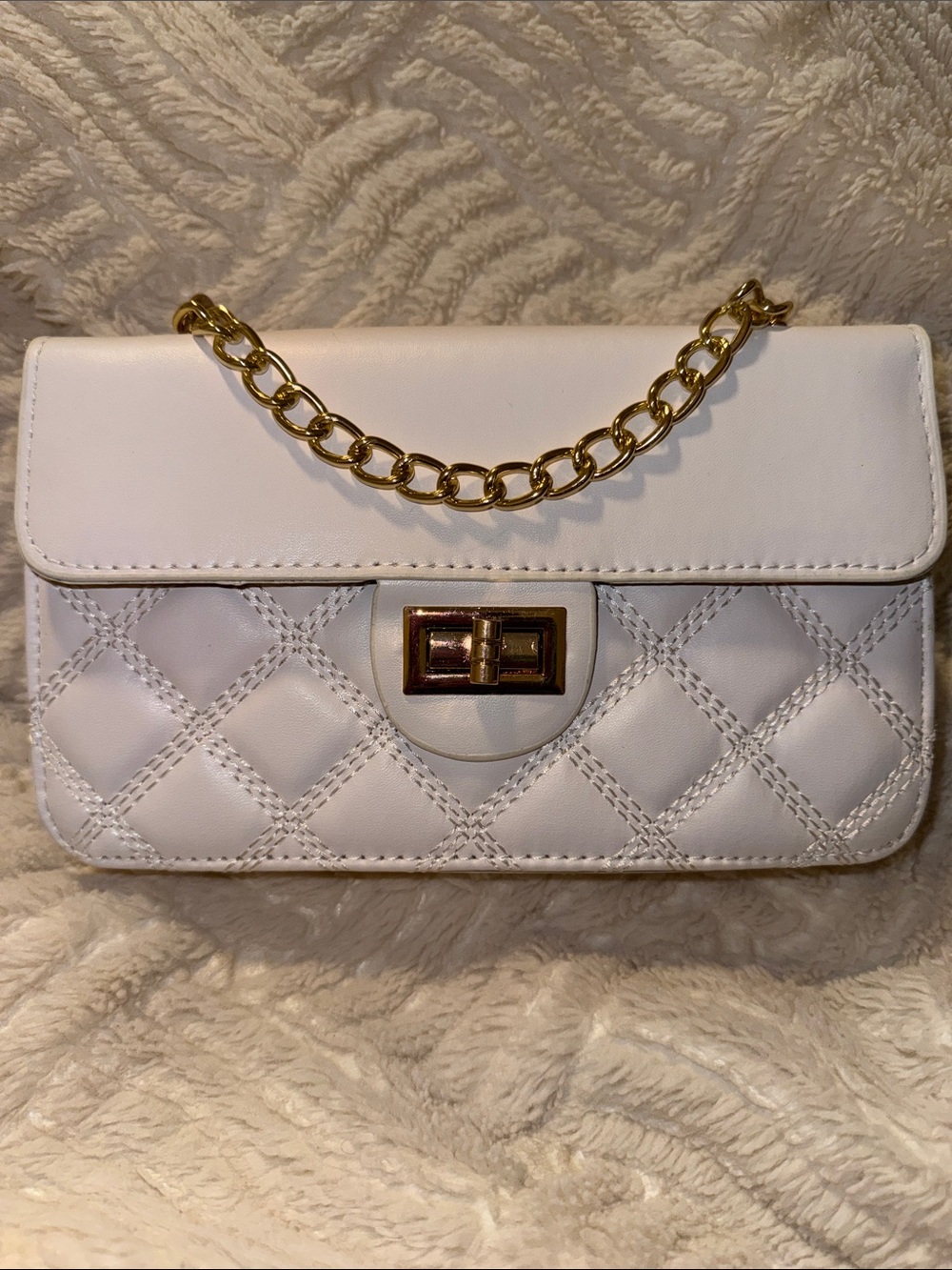 NWP White Quilted Long Crossbody Bag w/ Gold Chain Strap